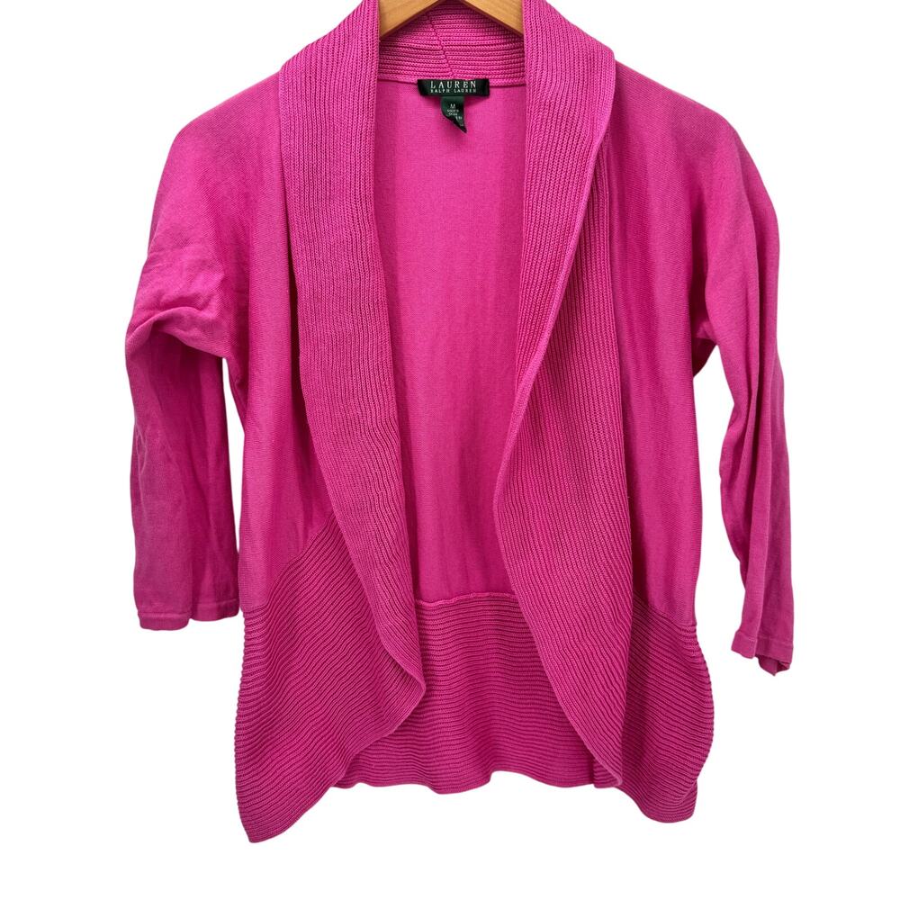 Lauren Ralph Lauren Sweater Womens Medium Pink Open Cardigan Cropped Knit Cotton